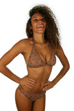Brown Caged tan through halter bikini top.