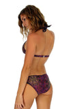 Back view of halter top in purple Safari tan through fabric.